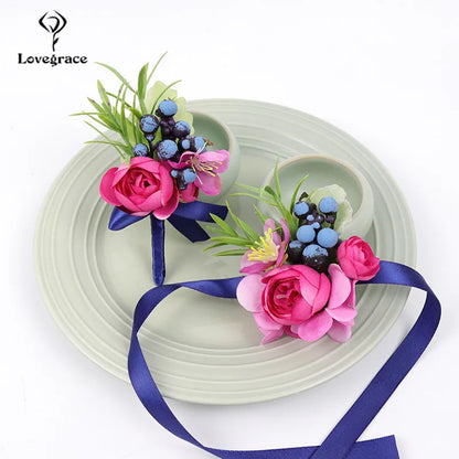 Lovegrace Wedding Rose Flower Boutonniere Rose Red Buttonhole Bridesmaid Wrist Corsage Bracelet Silk Flower Marriage Boutonniere