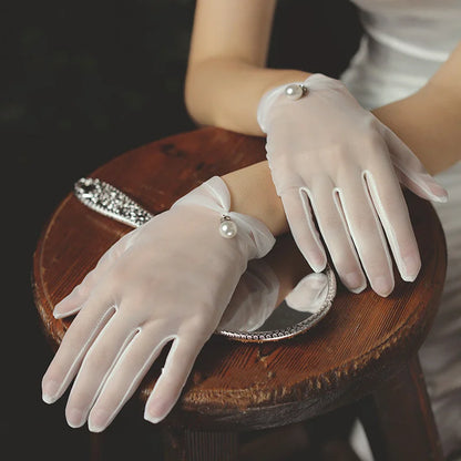 Bridal Gloves Wedding Gloves White Gauze Woman Gloves Thin Lace Ladies Fingered Gloves Pearl Wedding Gloves Accessories