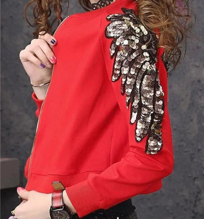 Women's Red Short Jackets 2024Spring Fashion Elastic Thin Sequins Beaded Tops Female Tide coat streetwear ladies coats outerwear