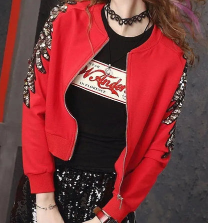 Women's Red Short Jackets 2024Spring Fashion Elastic Thin Sequins Beaded Tops Female Tide coat streetwear ladies coats outerwear