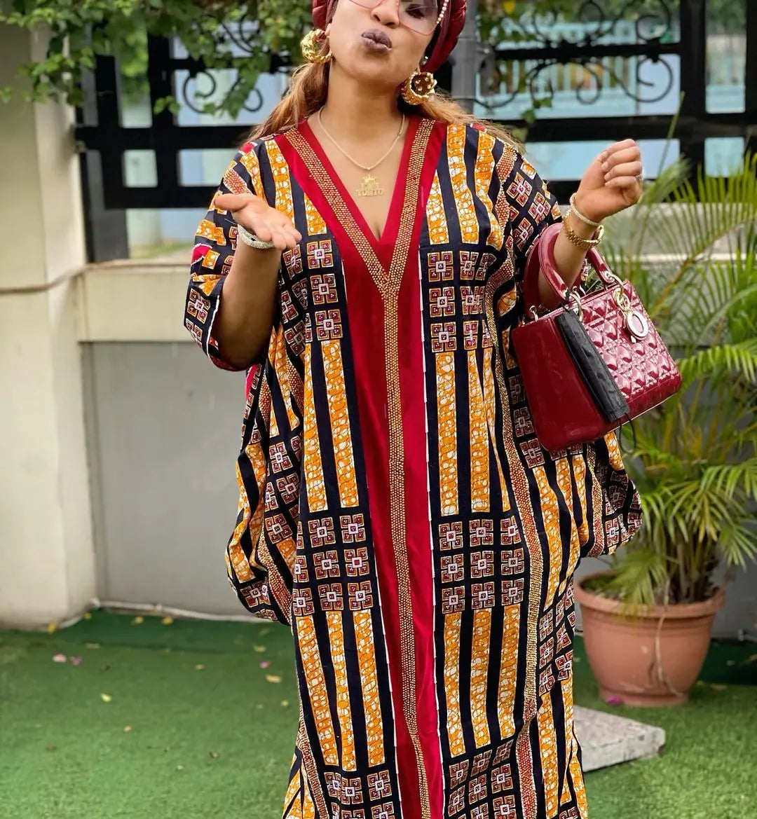 African moms fashion large-swing printed skirt luxury artificial stone decoration