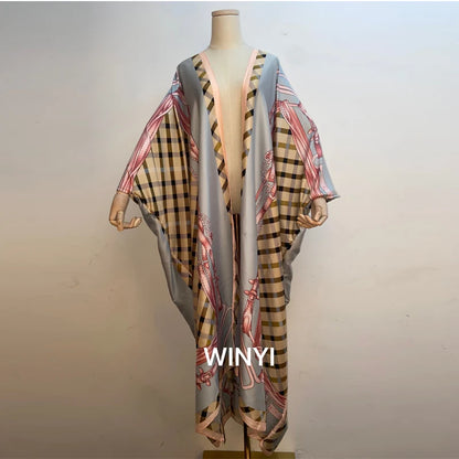 2021 WINYI new Cotton Bikini Sweet Lady Pink Boho Print Self Belted Front Open Long Kimono Dress Beach Tunic Women Wrap Dresses