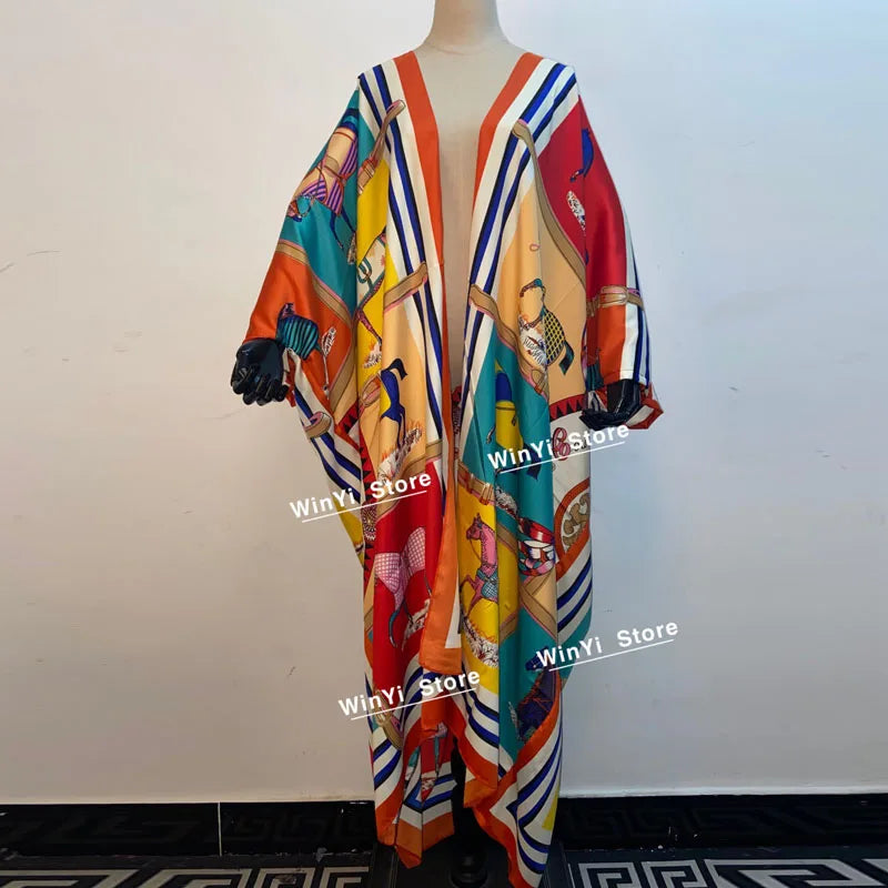 2021 WINYI new Cotton Bikini Sweet Lady Pink Boho Print Self Belted Front Open Long Kimono Dress Beach Tunic Women Wrap Dresses