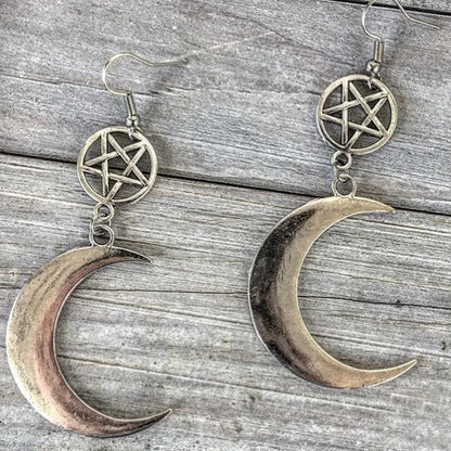 Pagan Moon Earrings,Moon Goddess Earrings,witch earrings, winter solstice, pentagram earrings,Celestial earrings