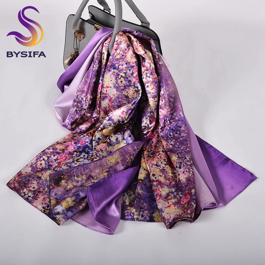 [BYSIFA]  Green Blue Ladies Satin Long Silk Scarf Shawl New Fashion Brand Scarves Printed Spring Fall Female Head Scarf 160*70cm