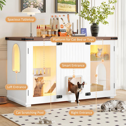 Grand bac à litière pour chat de 120 cm avec éclairage LED, meubles pour bac à litière dissimulés, maison pour chat avec escalier et griffoir