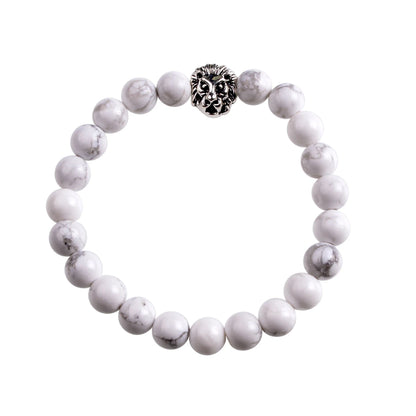 Silver Lion Head Gemstone Beads Stretch Bracelet for Women Men Handmade Crystal Beaded Elastic Healing Power Stone Jewelry