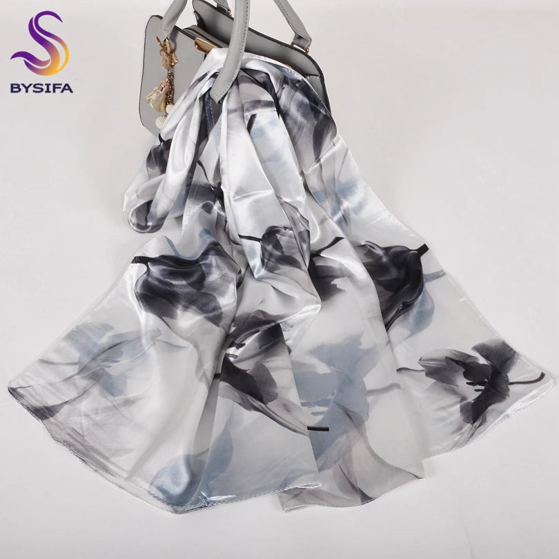 [BYSIFA]  Green Blue Ladies Satin Long Silk Scarf Shawl New Fashion Brand Scarves Printed Spring Fall Female Head Scarf 160*70cm