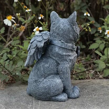 Handcrafted Solar-Powered Cat Angel Grave Marker - Durable Resin Outdoor Memorial Statue with Gray Patina