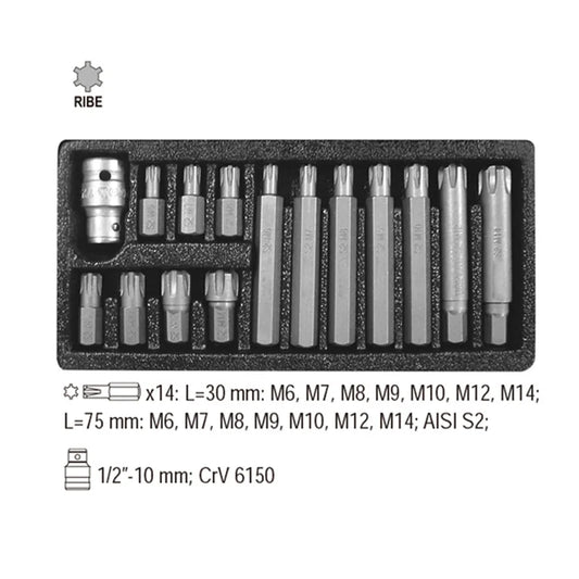 15PC 10mm Shank Impact Screwdriver Tools Ribe Bit Set 30mm & 75mm Polydrive M6 - M14 With 1/2" DR Socket Adapter