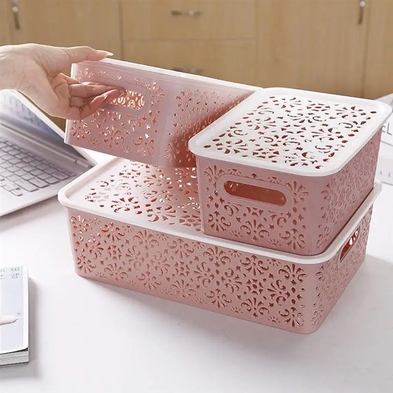 Storage Plastic Basket Baskets Box Bins Stackable Kitchen Hollow Organizer Drawer Out Shelf Desktop Lid Adjustable Coloured