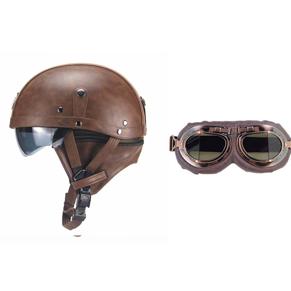 Cross-border Export Retro Personalized Helmet Lens with Label Motorcycle Half Helmet Scooter Cruise Leather Helmet Prince Helmet