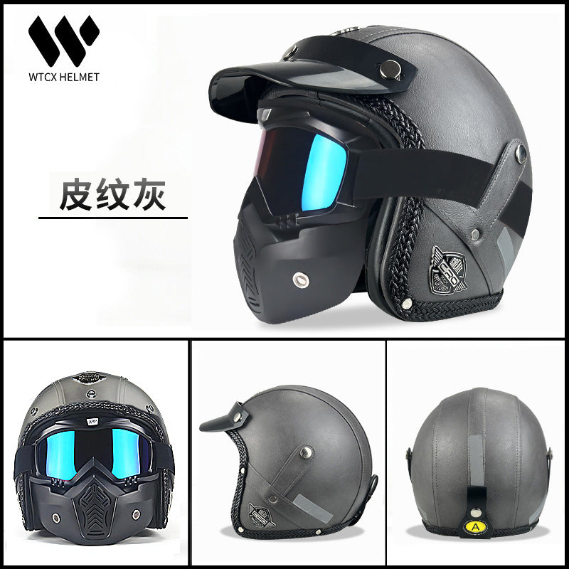 3C Certified Half Helmet Motorcycle Helmet Three-Quarter Style Men's Cruising American Retro Leather Sunshade Riding Protection