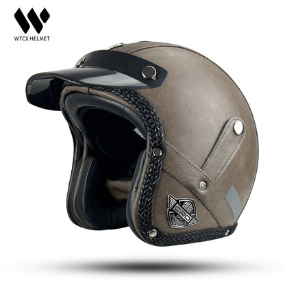 3C Certified Half Helmet Motorcycle Helmet Three-Quarter Style Men's Cruising American Retro Leather Sunshade Riding Protection