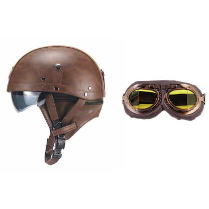 Cross-border Export Retro Personalized Helmet Lens with Label Motorcycle Half Helmet Scooter Cruise Leather Helmet Prince Helmet