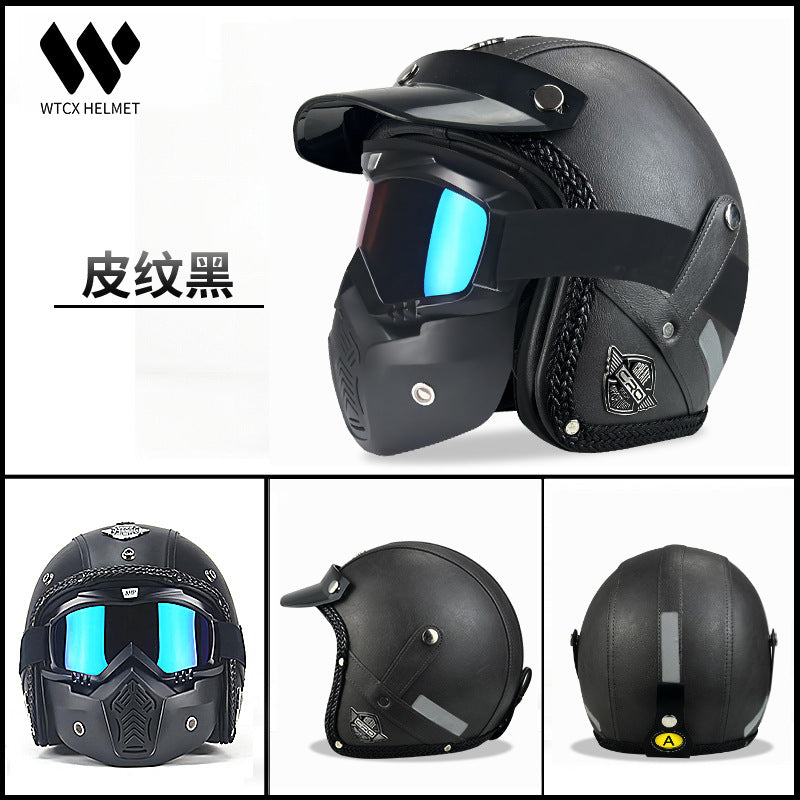 3C Certified Half Helmet Motorcycle Helmet Three-Quarter Style Men's Cruising American Retro Leather Sunshade Riding Protection
