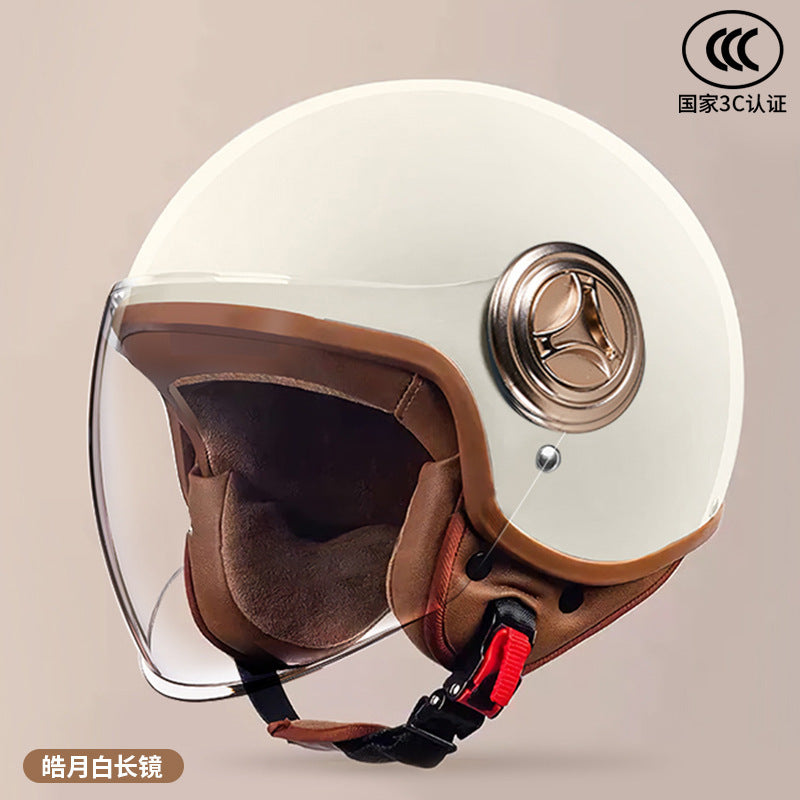 3C Certified Helmet for Women, Electric Vehicle, Men's Motorcycle, All-Season Half Helmet, Winter Warm and Anti-Fog Retro Helmet