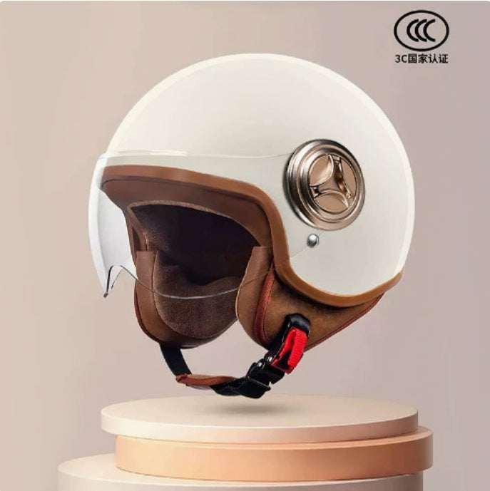 3C Certified Helmet for Women, Electric Vehicle, Men's Motorcycle, All-Season Half Helmet, Winter Warm and Anti-Fog Retro Helmet