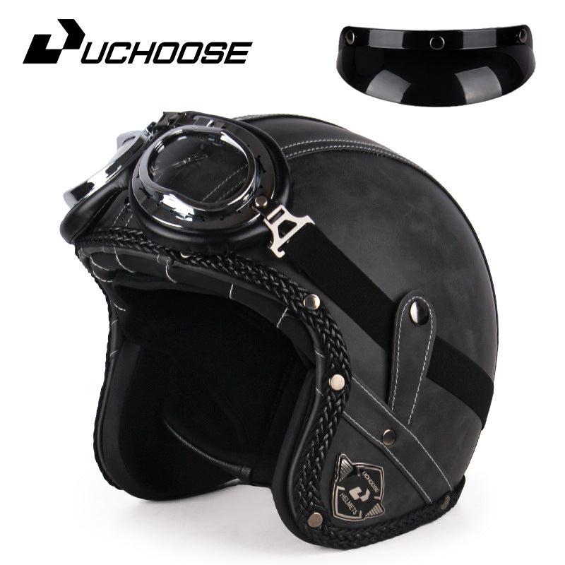 Four Seasons Retro Harley Helmet Leather Electric Vehicle 3/4 Half Helmet Big Turtle King Scooter Motorcycle Helmet