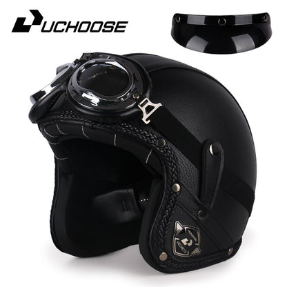 Four Seasons Retro Harley Helmet Leather Electric Vehicle 3/4 Half Helmet Big Turtle King Scooter Motorcycle Helmet