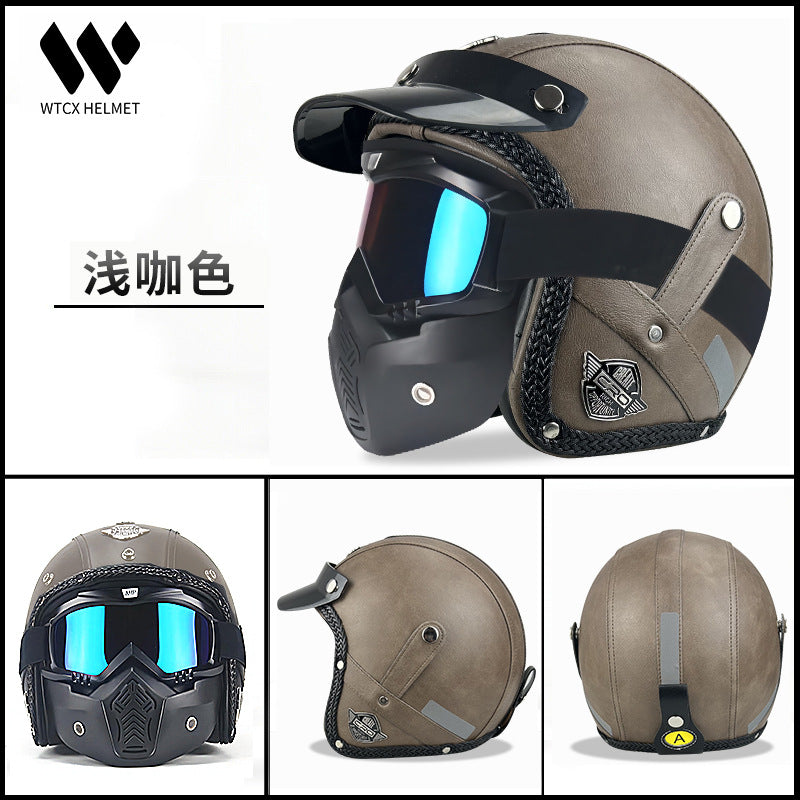 3C Certified Half Helmet Motorcycle Helmet Three-Quarter Style Men's Cruising American Retro Leather Sunshade Riding Protection