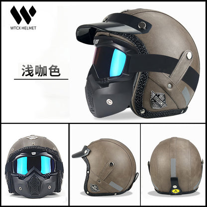 3C Certified Half Helmet Motorcycle Helmet Three-Quarter Style Men's Cruising American Retro Leather Sunshade Riding Protection