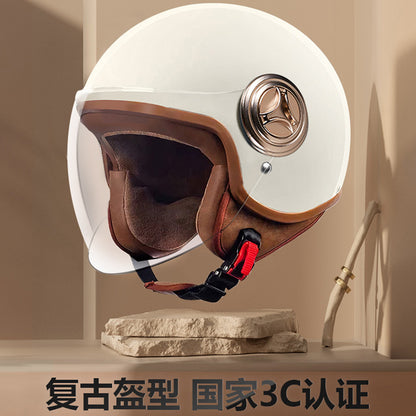 3C Certified Helmet for Women, Electric Vehicle, Men's Motorcycle, All-Season Half Helmet, Winter Warm and Anti-Fog Retro Helmet