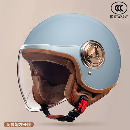 3C Certified Helmet for Women, Electric Vehicle, Men's Motorcycle, All-Season Half Helmet, Winter Warm and Anti-Fog Retro Helmet