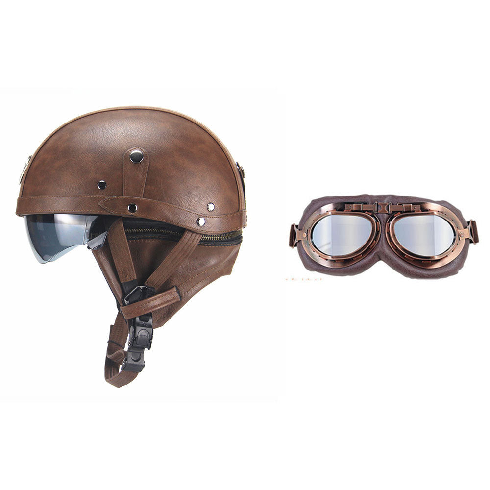 Cross-border Export Retro Personalized Helmet Lens with Label Motorcycle Half Helmet Scooter Cruise Leather Helmet Prince Helmet