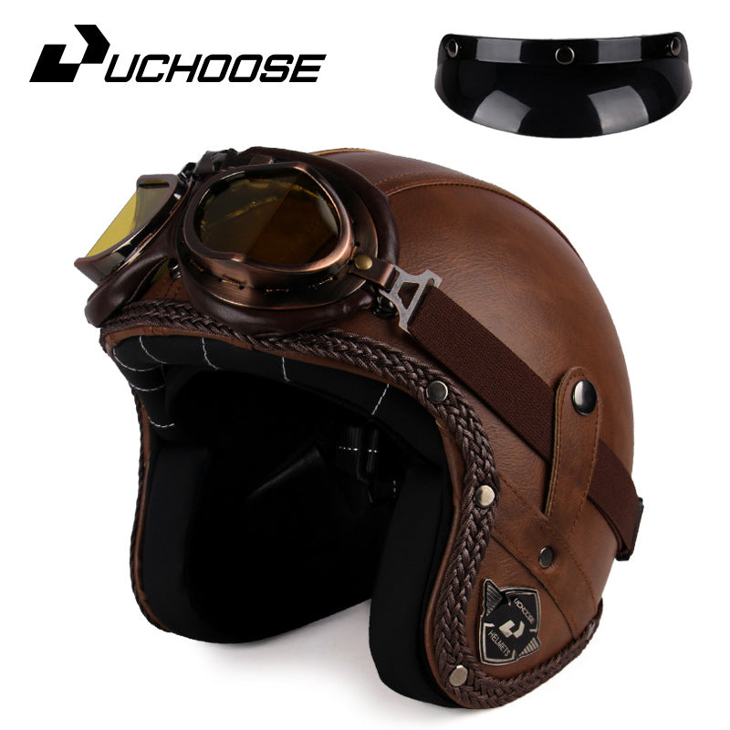 Four Seasons Retro Harley Helmet Leather Electric Vehicle 3/4 Half Helmet Big Turtle King Scooter Motorcycle Helmet