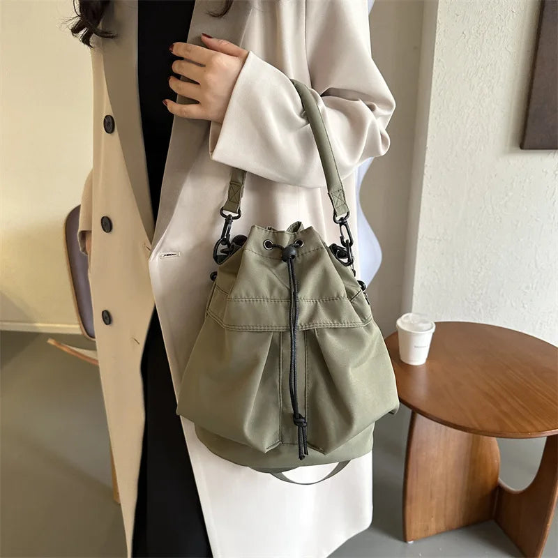 Fashion Women Oxford Cloth Bucket Bag, Large Capacity Drawstring Versatile Casual Shoulder Crossbody Bag Daily Use