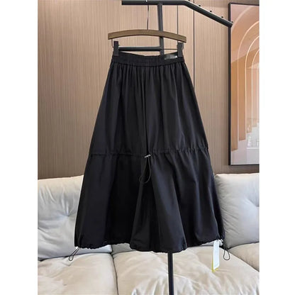 2024 New Arrival Spring/summer Korean Style Women Loose Casual Cotton Denim Patchwork A-line Mid-calf Elastic Waist Skirt P03