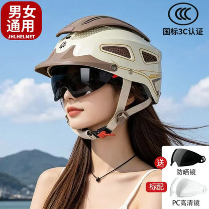 Hot Motorcycle Helmet Summer Breathable Open Face Helmet for Men Women Dual Lens Scooter Half Helmet with Taillights