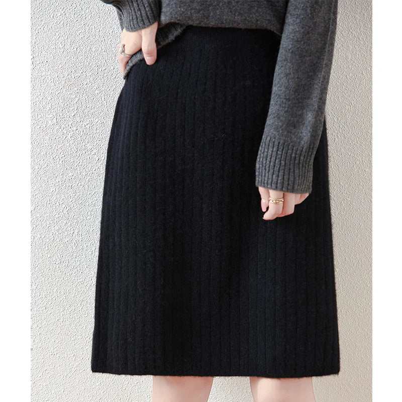 Women's Knitted Skirt 100% Merino Wool Sheath Skirt Solid Color Autumn/Winter Fashion Vertical Strip Wrap Hip Skirt Split Skirt