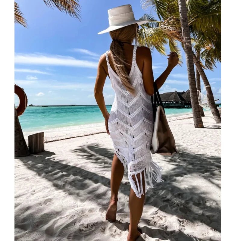 2024 White Crochet Tunic Bikini Cover-ups Sexy Hollow Out Dress Women Summer Clothes See Through Beach Wear Tassel Cover Up