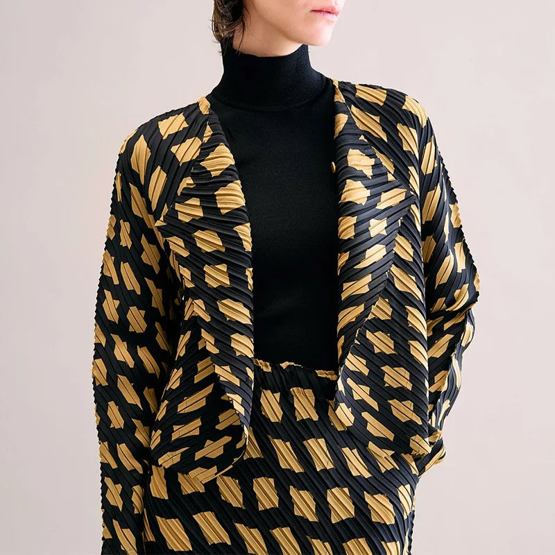 Miyake Pleated Twill Color Blocking Long Sleeved Jacket Women New Fashion Double Button Causal Short Coats