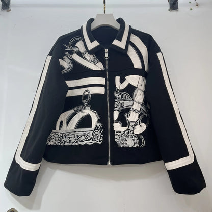 2025 Autumn American Retro Fashion Embroidery Patchwork Motorcycle Jackets Long Sleeve Zipper Loose Versatile Short Jacket Women