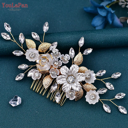 YouLaPan Crystal Leaves Hair Comb Bridal Wedding Hair Accessories Handmade Fashion Woman Rhinestone Flower Headwear HP621