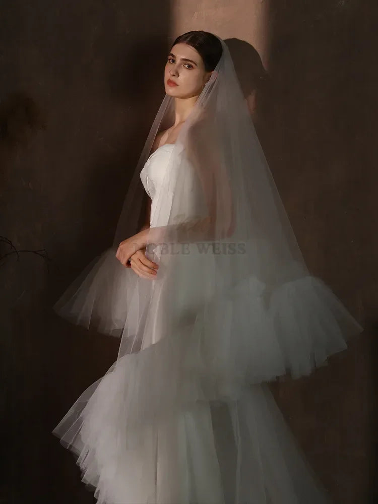 Two Layer Wedding Veil Ruffled Edge Tulle Bridal Veil With Comb Fluffy Bride Veils Cover Face Veil Customized
