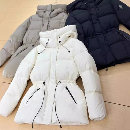 Winter Warm Hooded Coat Women's Mid-Length Waist Drawstring Jacket Windproof Thermal Outerwear