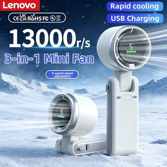 Lenovo 3-in-1 Mini Fan 5-speed 3600mAh Recharge Lithium Battery USB Charging Portable Cooler For Outdoor Camping Trip Summer New