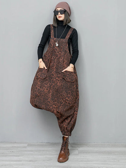 [EAM] High Waist Leopard Print Denim Pocket Big Size Overalls Wide Leg Jeans New Women Fashion Tide Spring Autumn 2026 1DH6428