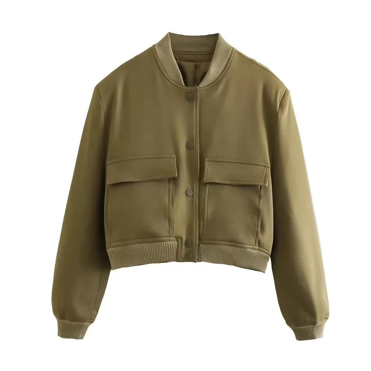 HH Women Casual Solid Bomber Jackets Fashion Long Sleeve Buttons Crop Coats Pockets Female 2025 Autumn Elegant Outerwear