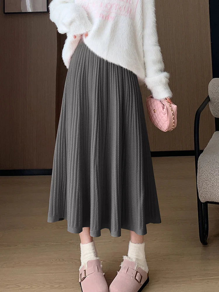 Sweet Vintage Knitted Long Skirts Women Preppy Style High Waist Loose A Line Skirts Fall Winter Retro Simple Elegant Long Skirts