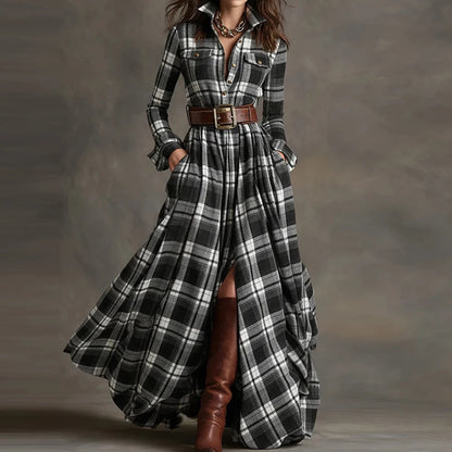New Women's Lapel Plaid Printing Slim Fit Dress Autumn Long Sleeve Fashion Chic Party Dress with Buttons Elegant Ladies Dresses