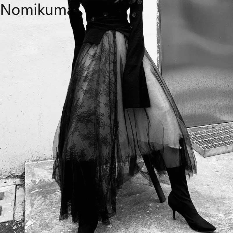 Harajuku Punk Long Skirts for Women Patchwork Gauze Chic Jupe 2025 Faldas Mujer De Moda Japanese Lace A-line Streetwear Skirt