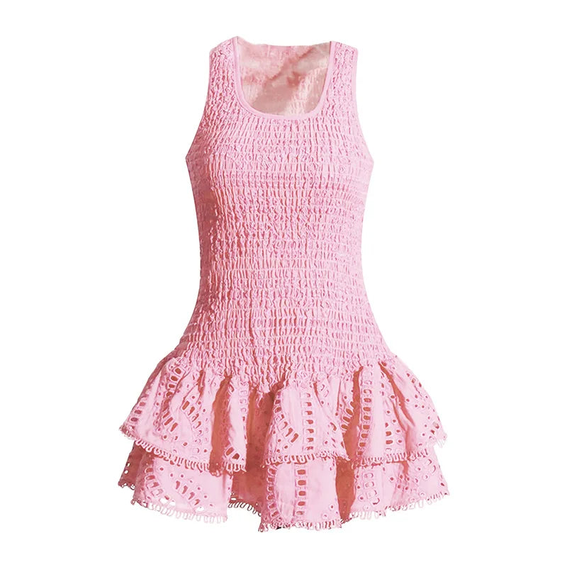 Embroidered Lotus Leaf Edge Dresses Spring Women Sleeveless Mini Strap Dress Summer High Waist Pullover Short Camisole Dress