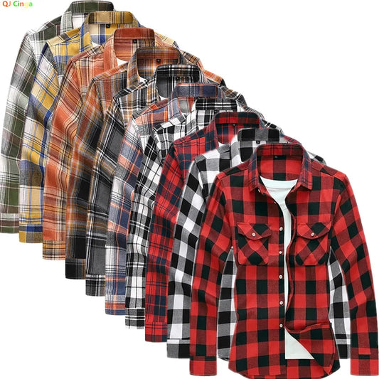 2026 New Men's Long Sleeved Plaid Shirt, with Two Chest Pockets Single Breasted Lapel Cotton Shirts Big Size Male Top Chemise