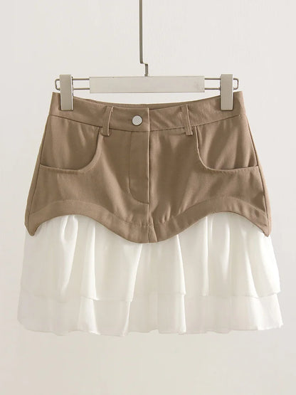 Summer White Patchwork Ruffled Skirts Mini For Women High Waist A Line Flounce Skirt Ladies Pleated Mini Skirts Chiffon Women