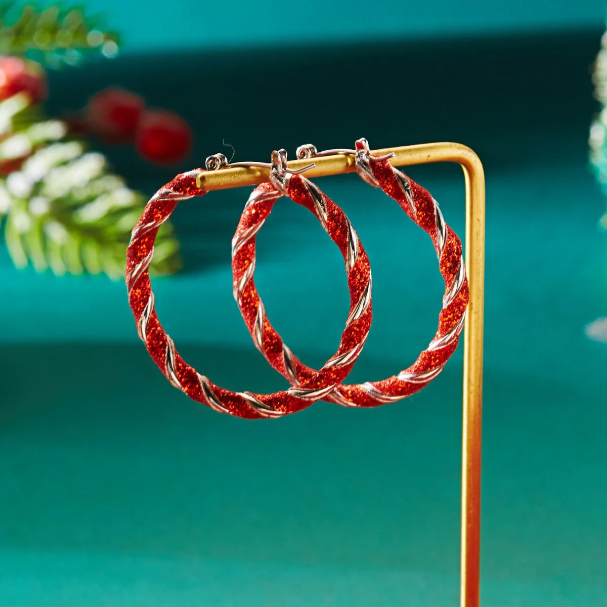 Christmas Red Green White Sequins Stripe Twisted Round Drop Earrings Circle Hoop Earring For Women Men Festive Holiday Jewelry